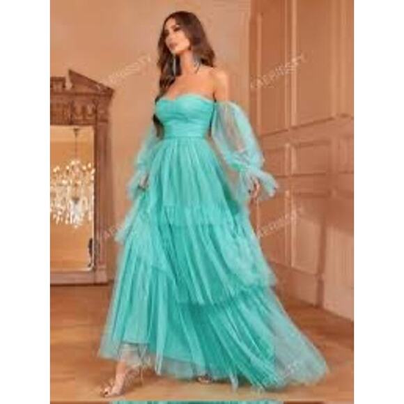 MSRP $152 Faeiesty Off Thr Shoulder Flounce  Sheer Sleeves Gown M 5X QUICK SHIP - Picture 1 of 10